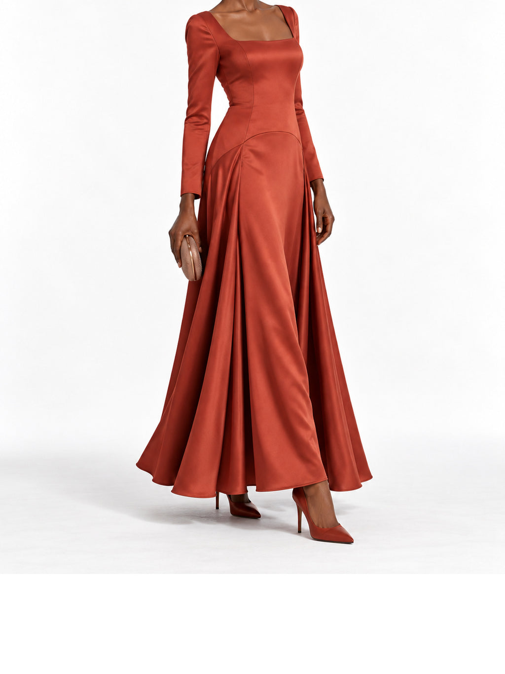 Rust Satin Square Neck Maxi Dress