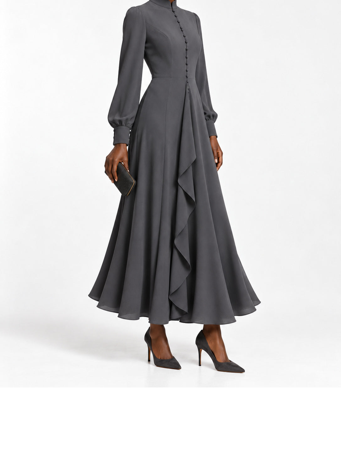 Charcoal Ruffle Front Button Detail Maxi Dress