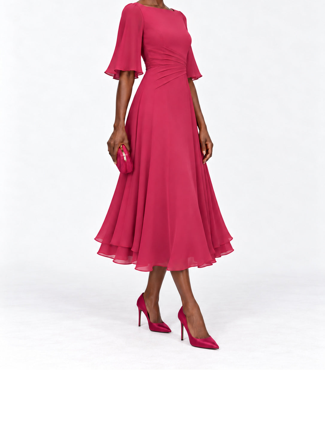 Pink Flutter Sleeve Fit and Flare Midi Dress