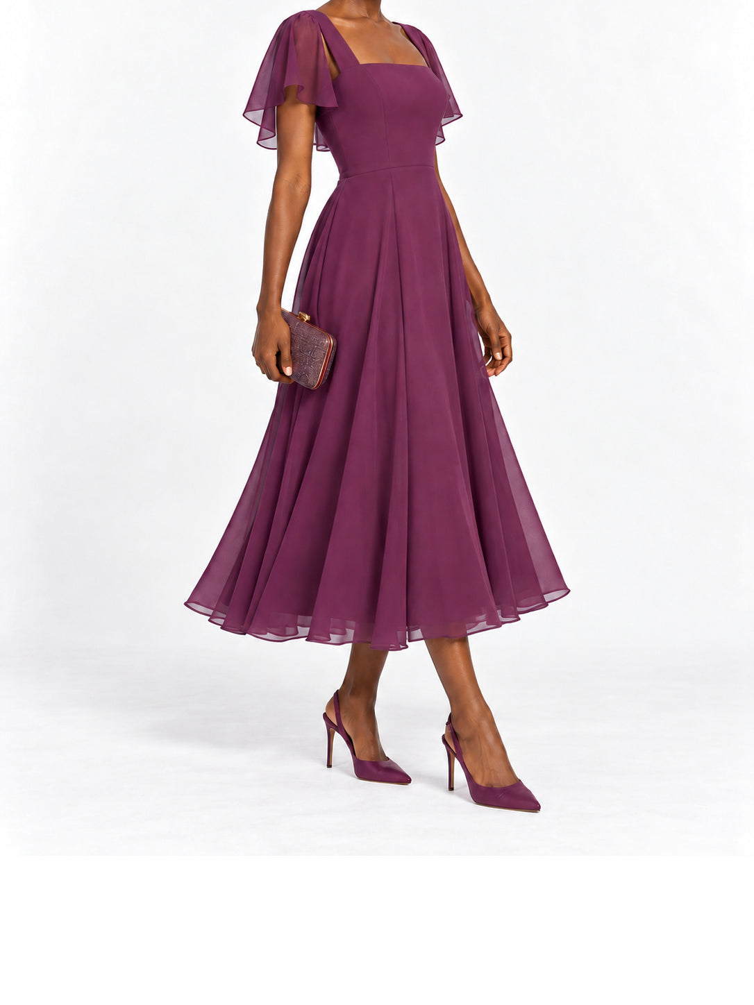 Plum Chiffon Flutter Sleeve Midi Dress