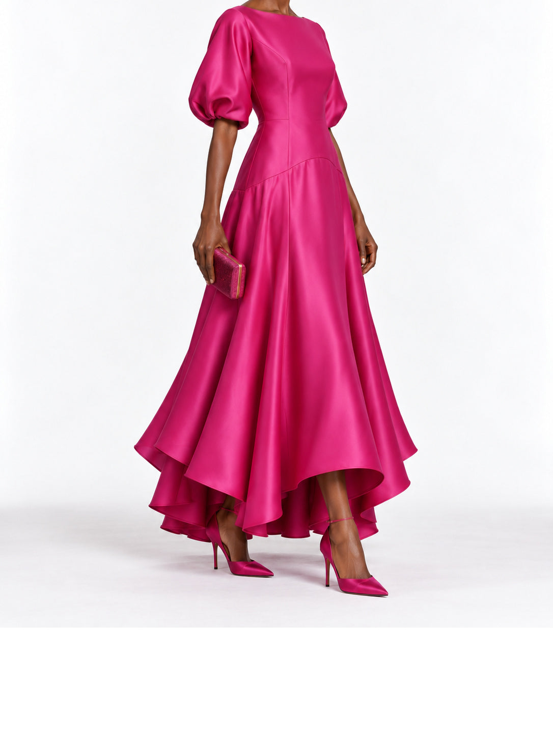 HotPink Satin Puff Sleeve High Low Midi Dress