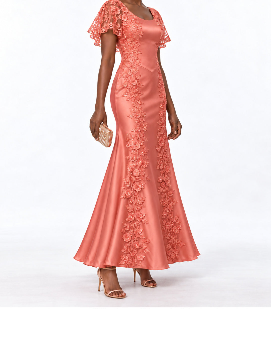 Coral Satin Lace Applique Flutter Sleeve Maxi Dress