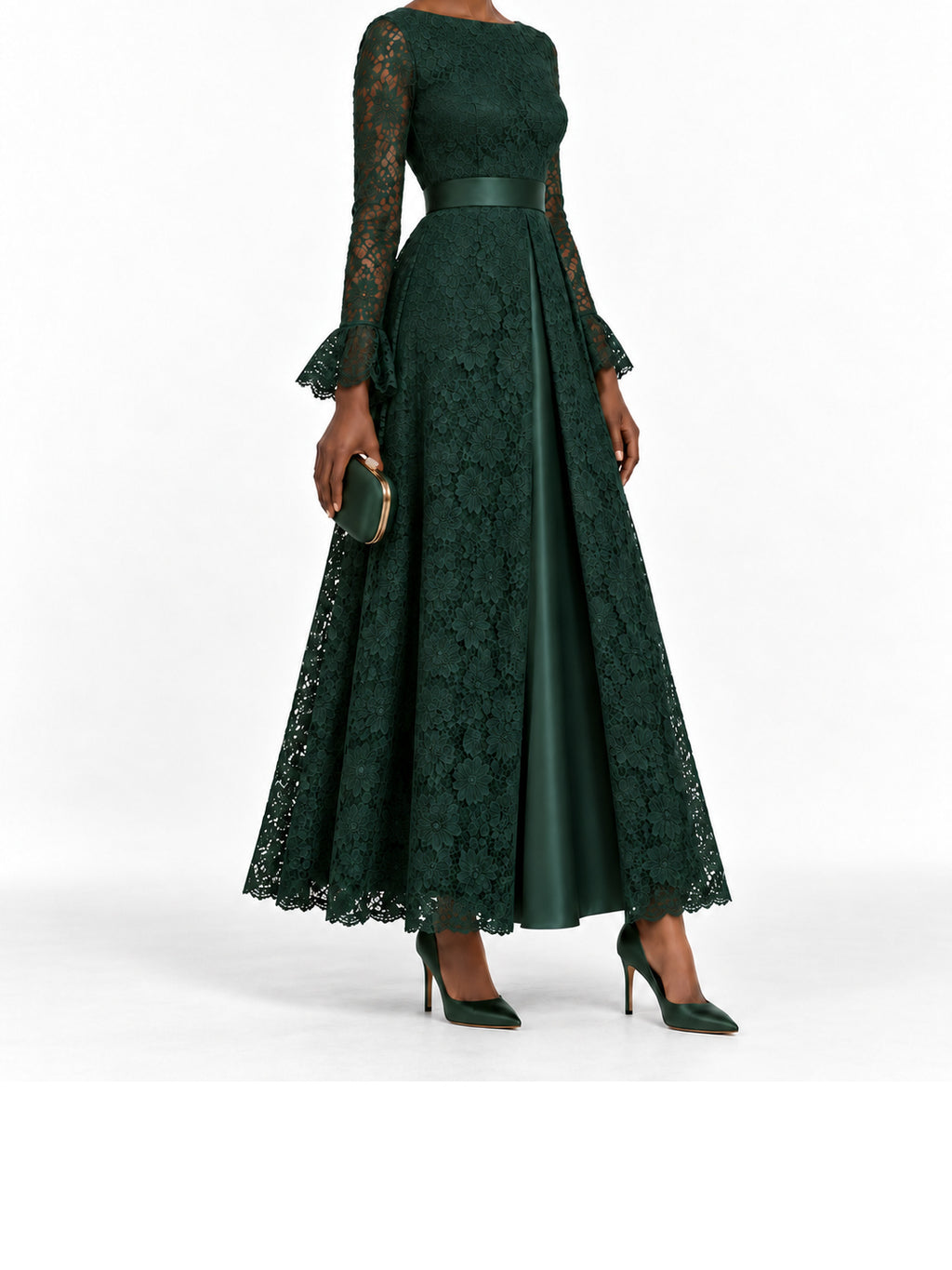 DarkGreen Lace Long Sleeve Maxi Dress