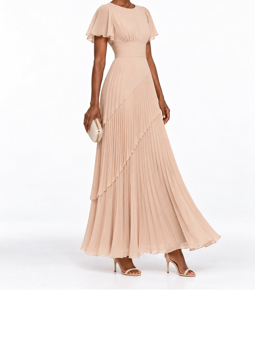 Beige Pleated Chiffon Flutter Sleeve Maxi Dress