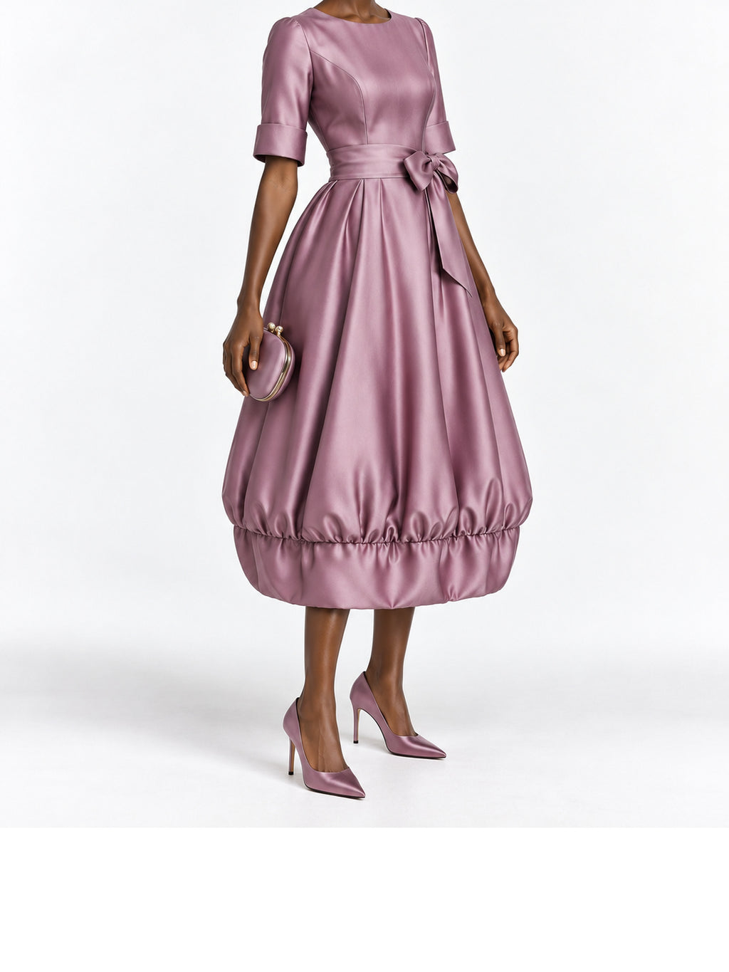 Mauve Satin Bubble Hem Midi Dress