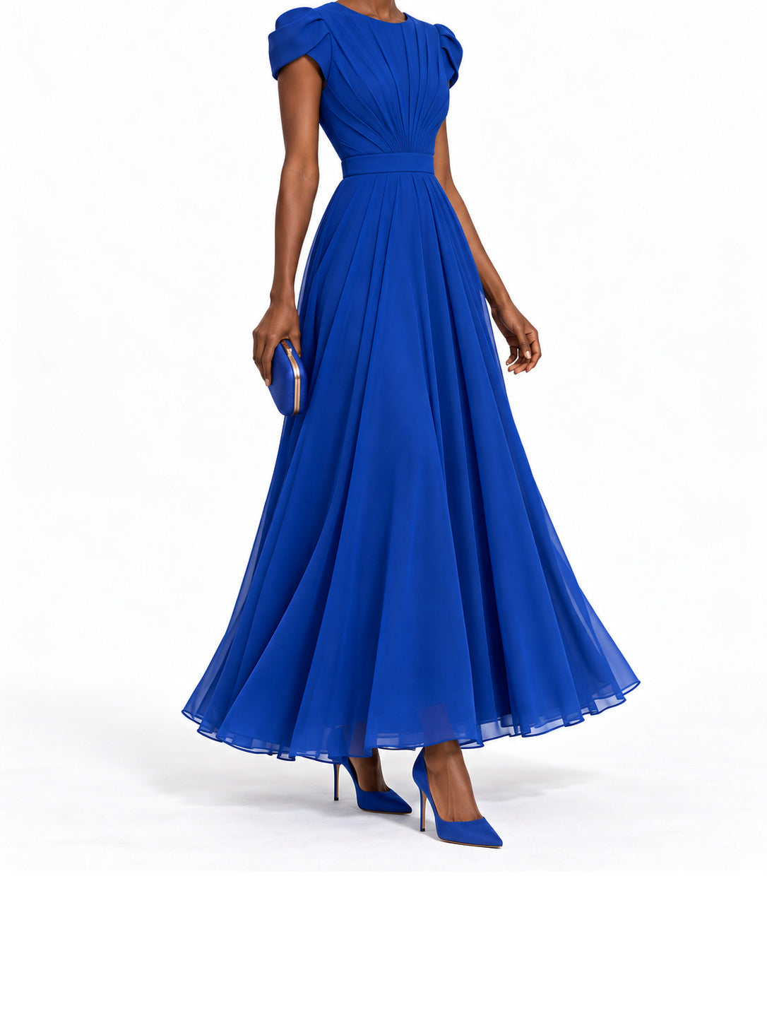 RoyalBlue Chiffon Pleated Cap Sleeve Maxi Dress