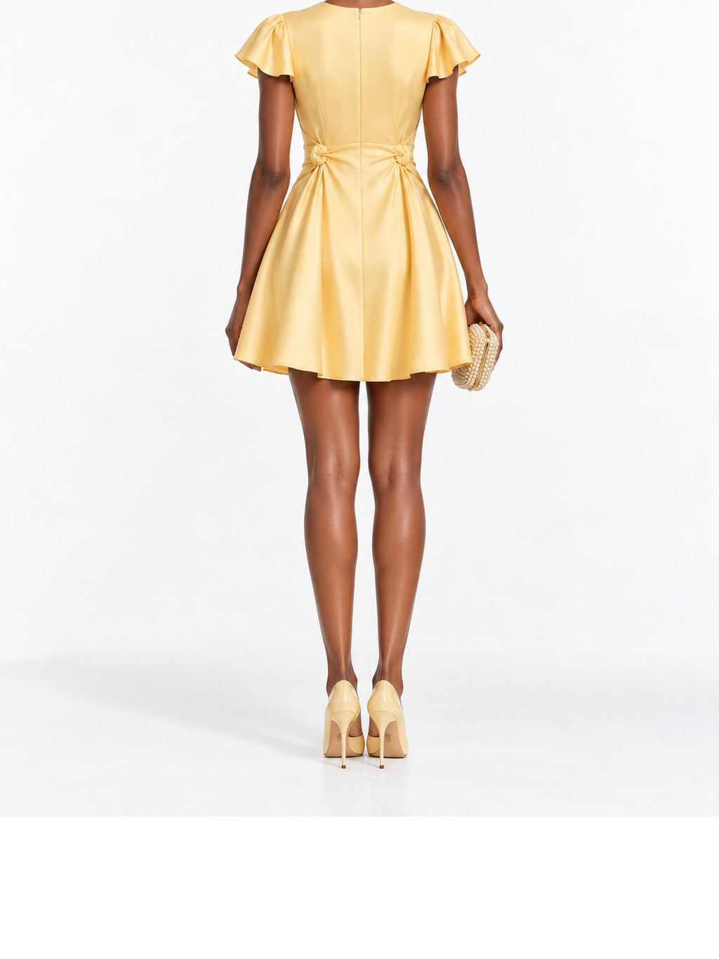 Yellow Satin Ruffle Sleeve Fit and Flare Mini Dress