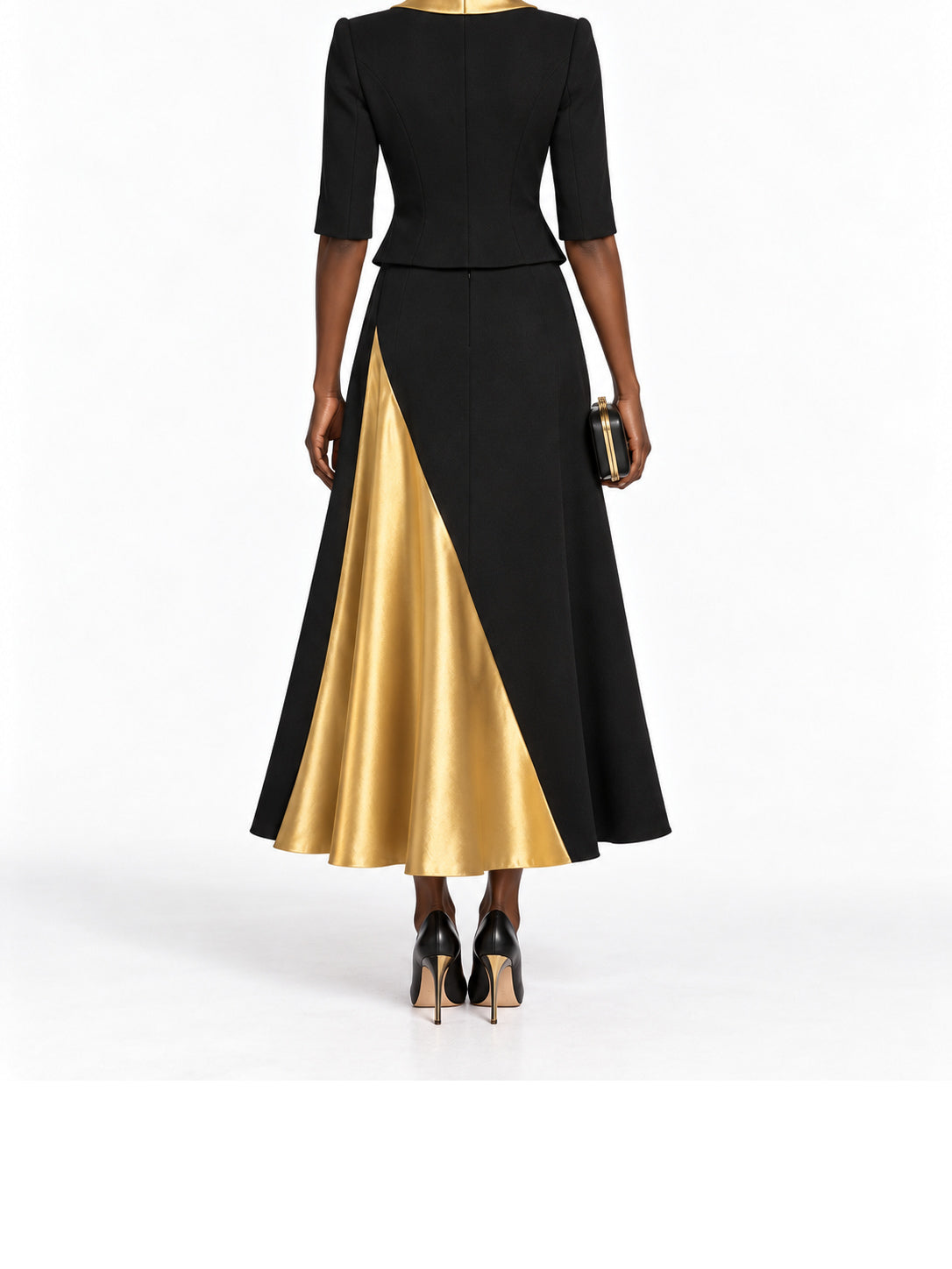 Black Gold Satin Panel Midi Dress