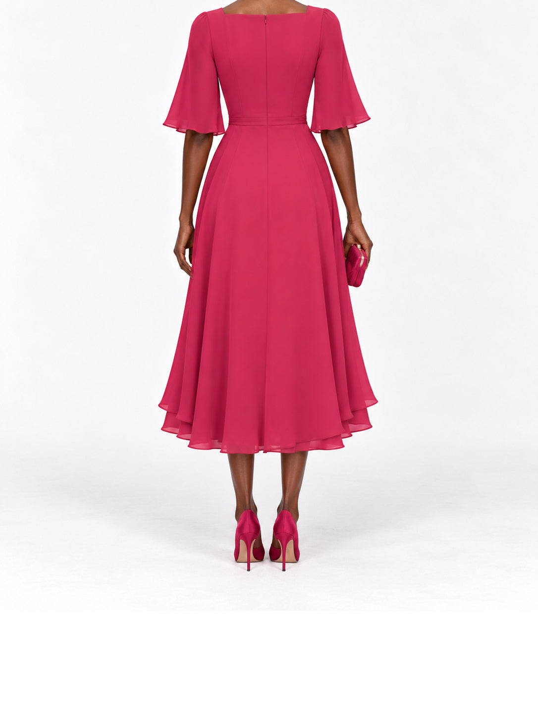 Pink Flutter Sleeve Fit and Flare Midi Dress