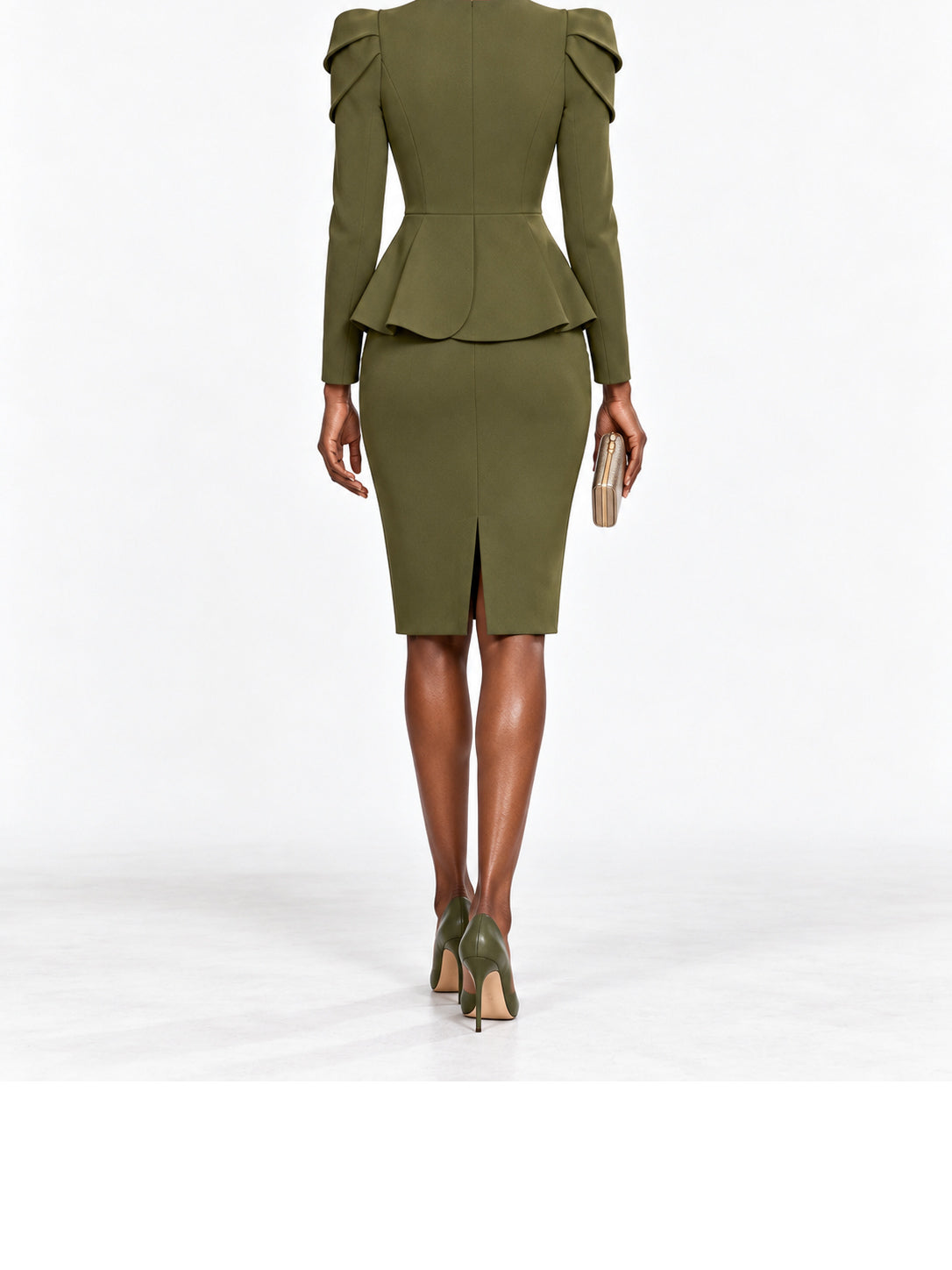 Olive Scuba Peplum Long Sleeve Midi Dress