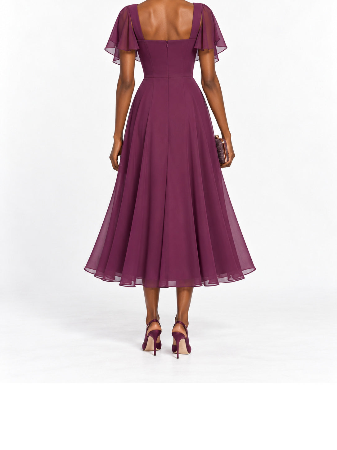Plum Chiffon Flutter Sleeve Midi Dress