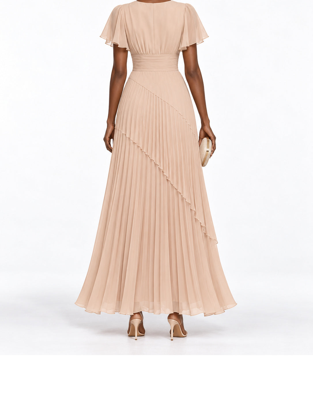 Beige Pleated Chiffon Flutter Sleeve Maxi Dress