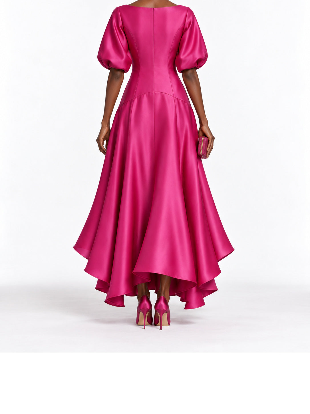 HotPink Satin Puff Sleeve High Low Midi Dress