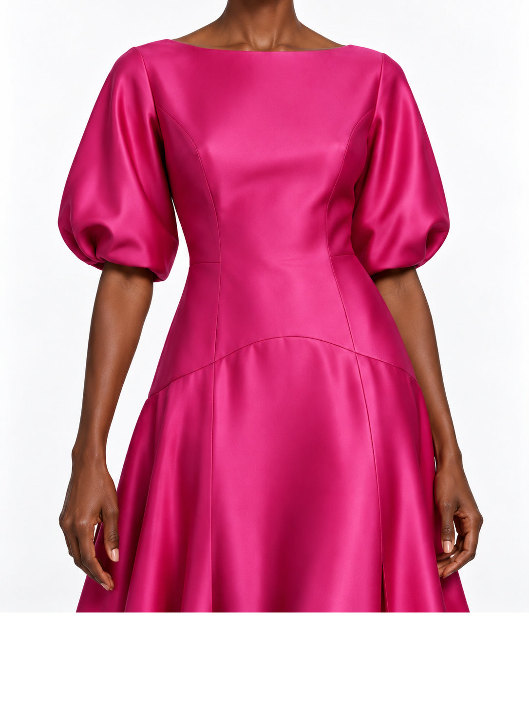 HotPink Satin Puff Sleeve High Low Midi Dress