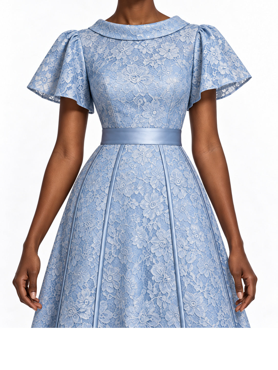 LightBlue Lace Short Sleeve Maxi Dress
