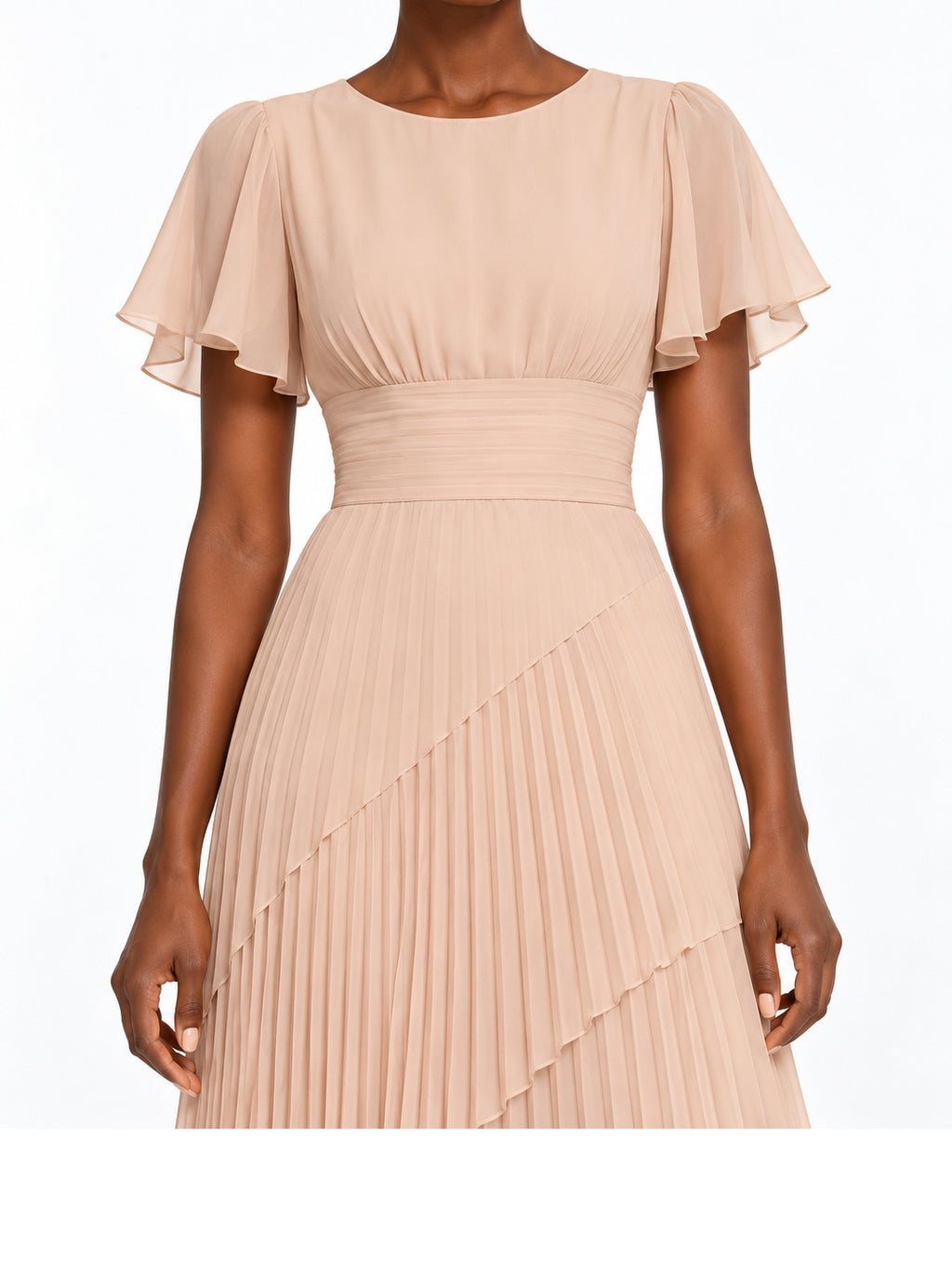 Beige Pleated Chiffon Flutter Sleeve Maxi Dress