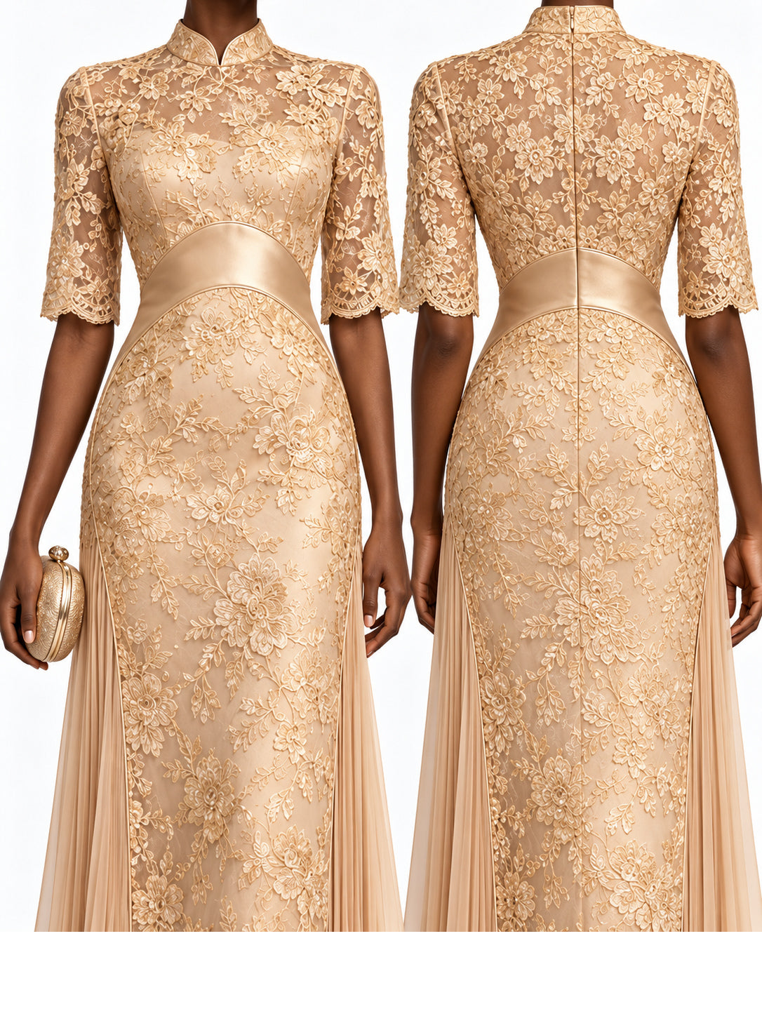 Champagne Lace Satin Trim Short Sleeve Maxi Dress