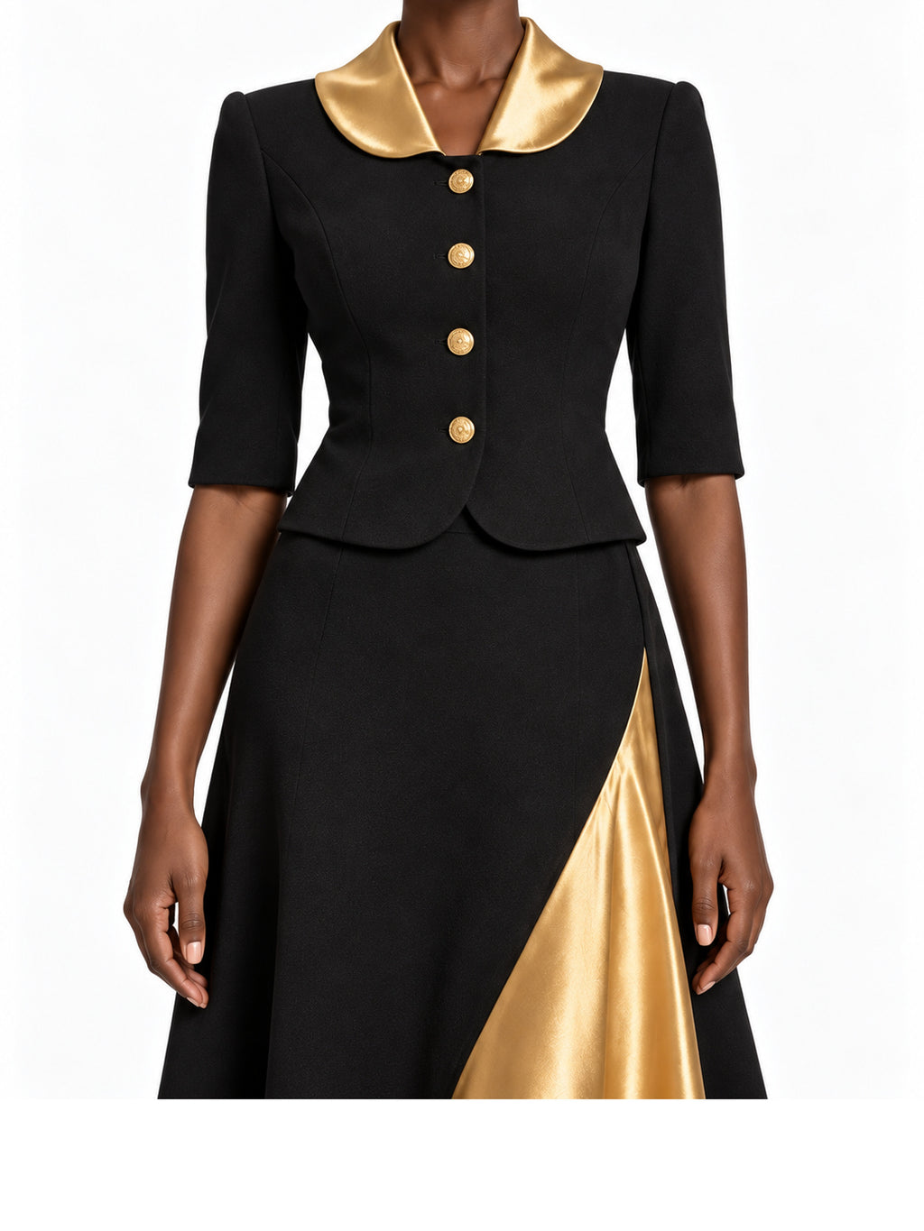Black Gold Satin Panel Midi Dress