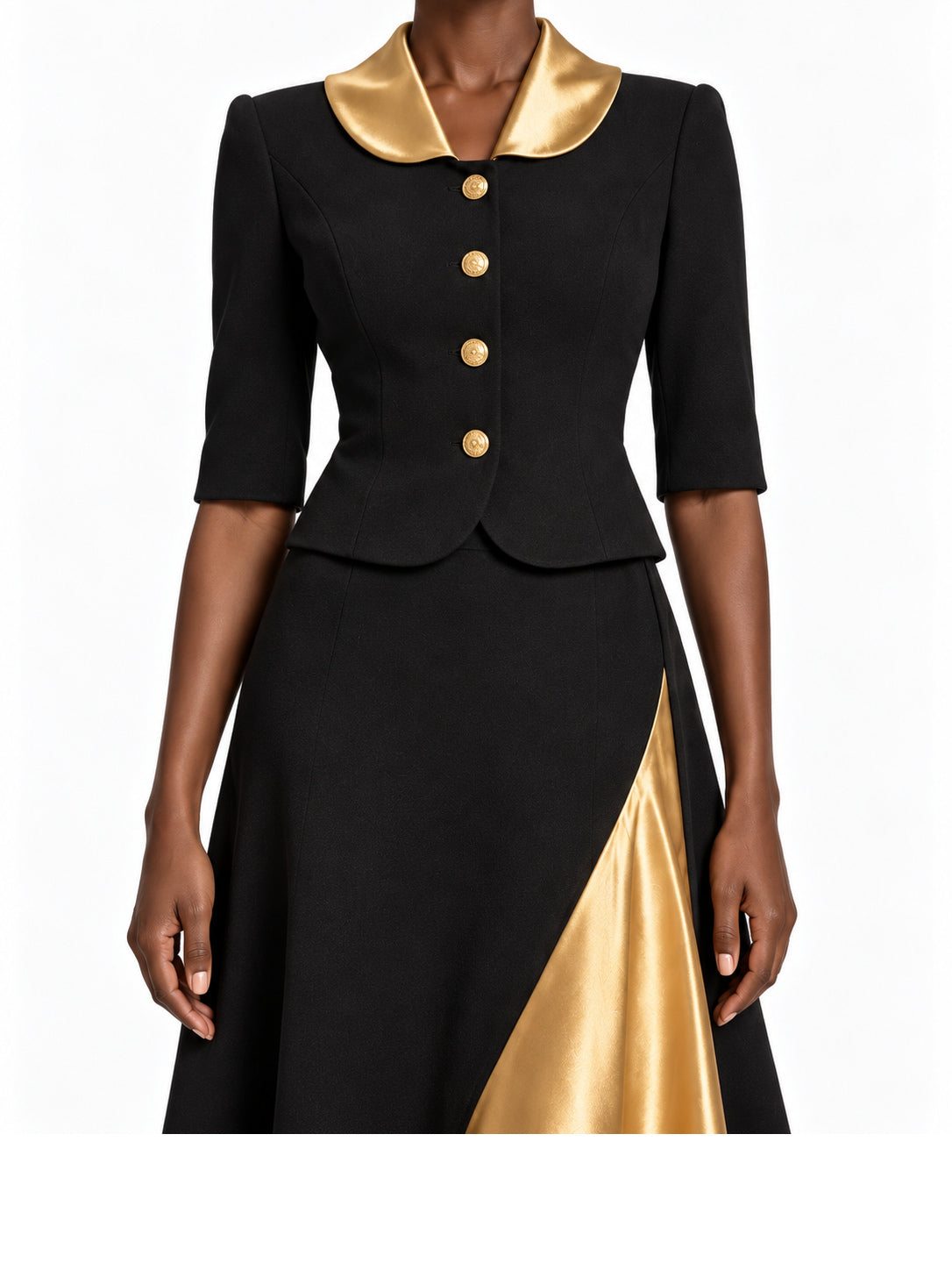 Black Gold Satin Panel Midi Dress