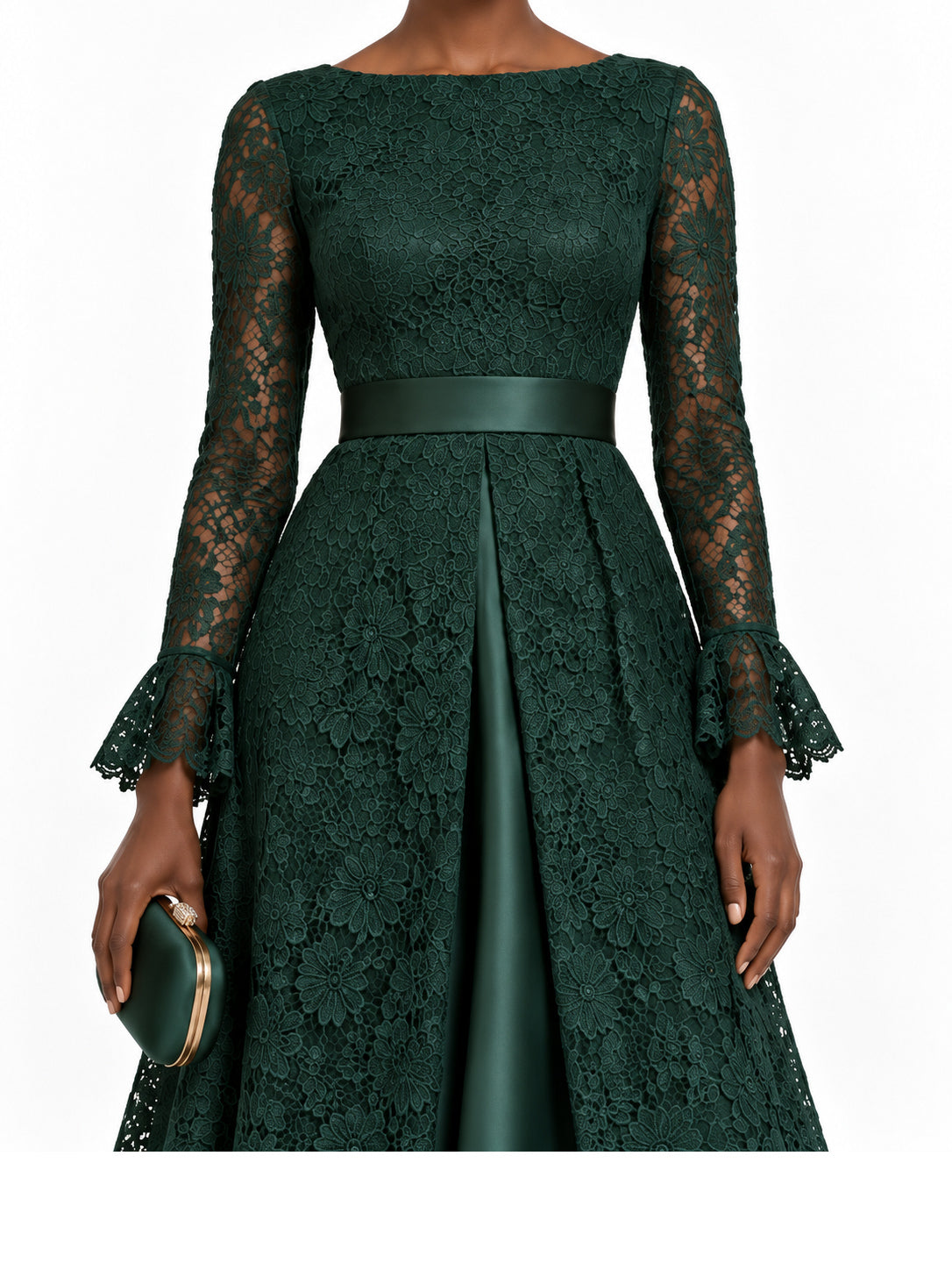 DarkGreen Lace Long Sleeve Maxi Dress