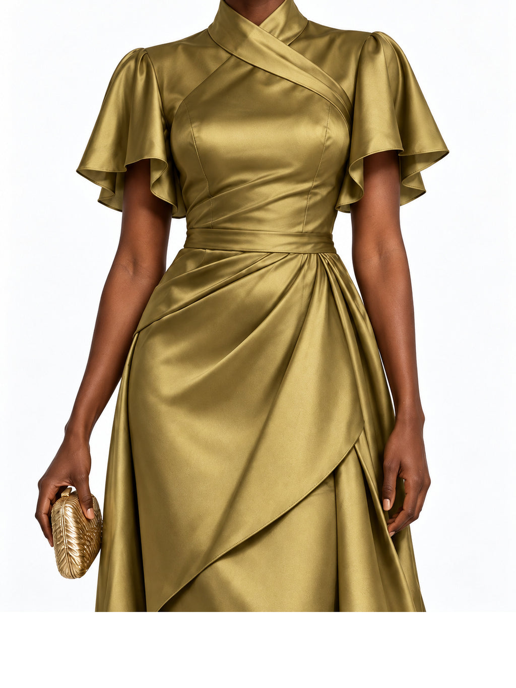 Gold Satin High Neck Ruffle Sleeve Maxi Dress