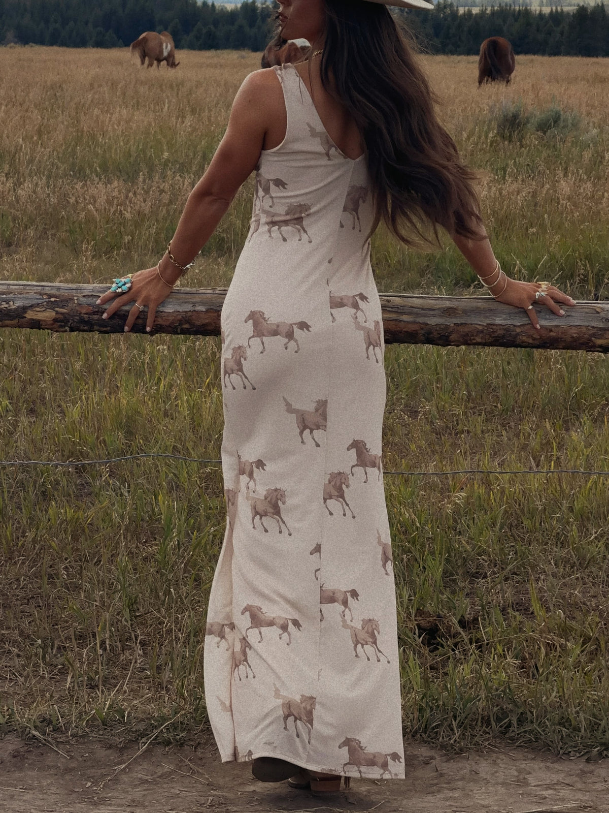Cream Horse Print V-Neck Maxi Dress