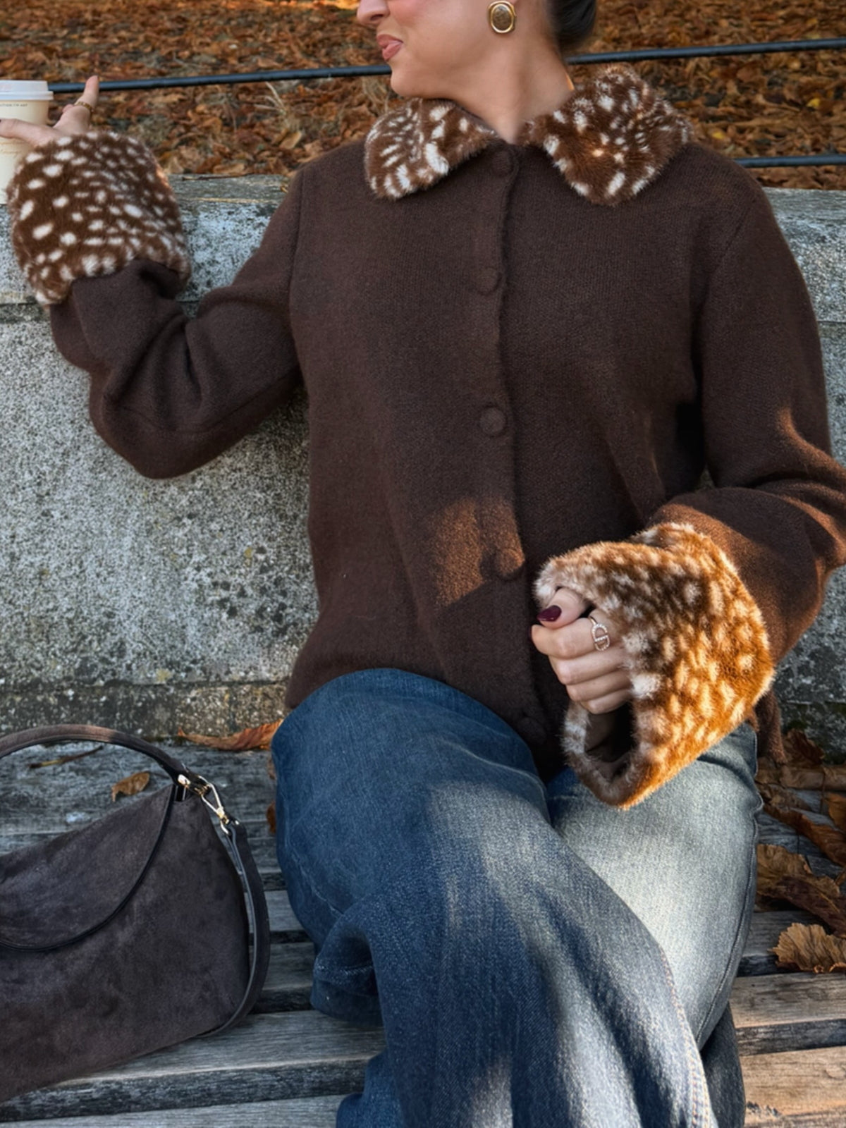 Brown Faux Fur Trim Open Front Jacket