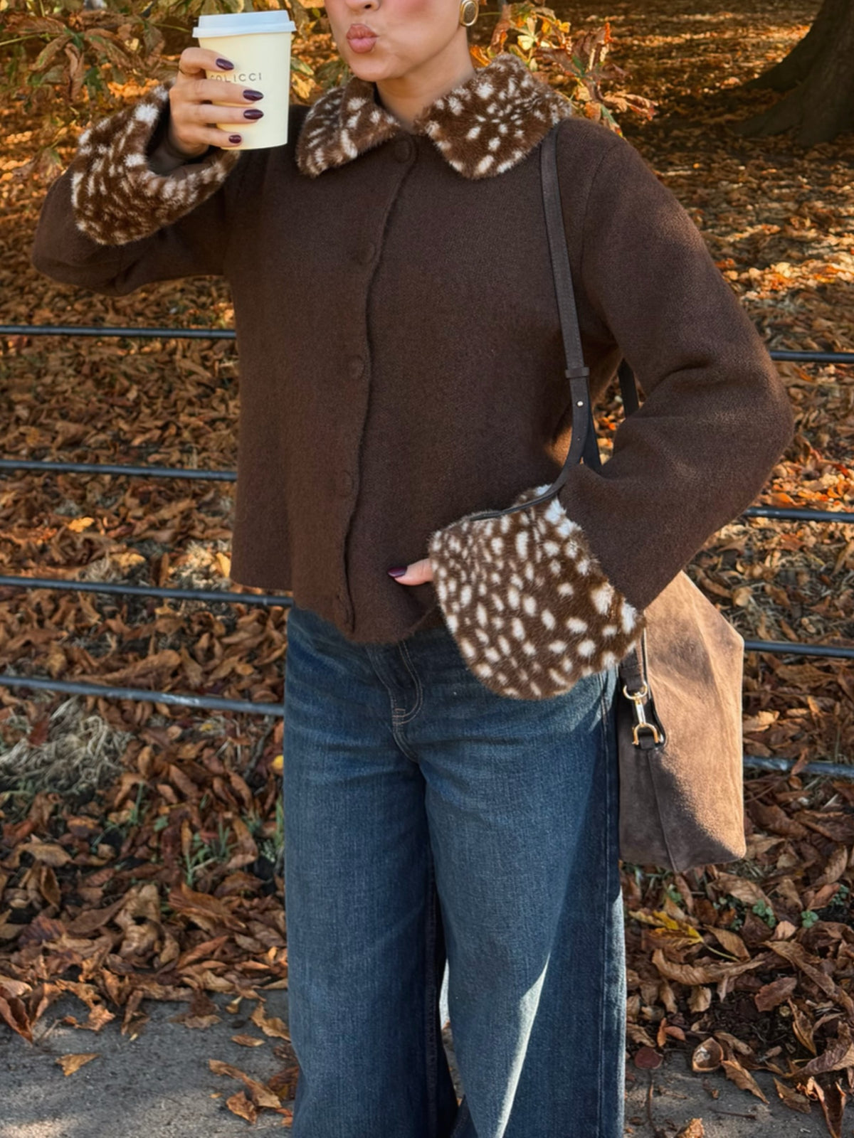 Brown Faux Fur Trim Open Front Jacket