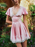 Pink Lace Trim Butterfly Sleeve Fit and Flare Mini Dress