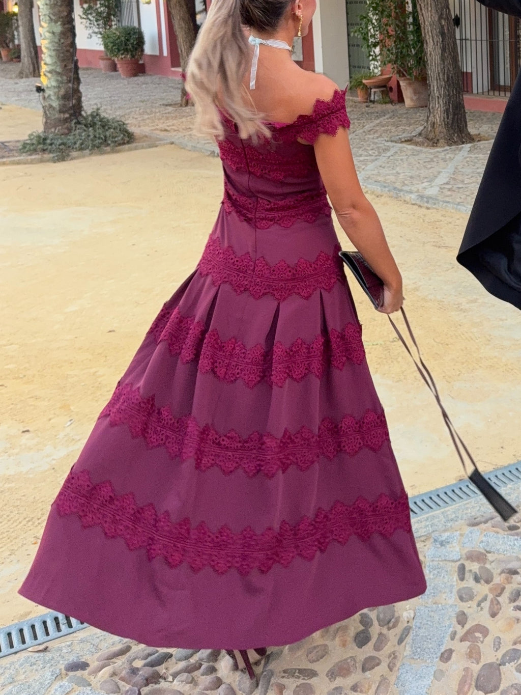 Burgundy Lace Trim Off Shoulder Mermaid Maxi Dress