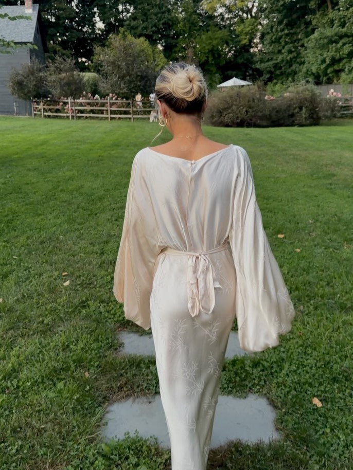 Champagne Satin Embroidered Long Sleeve Bias Maxi Dress