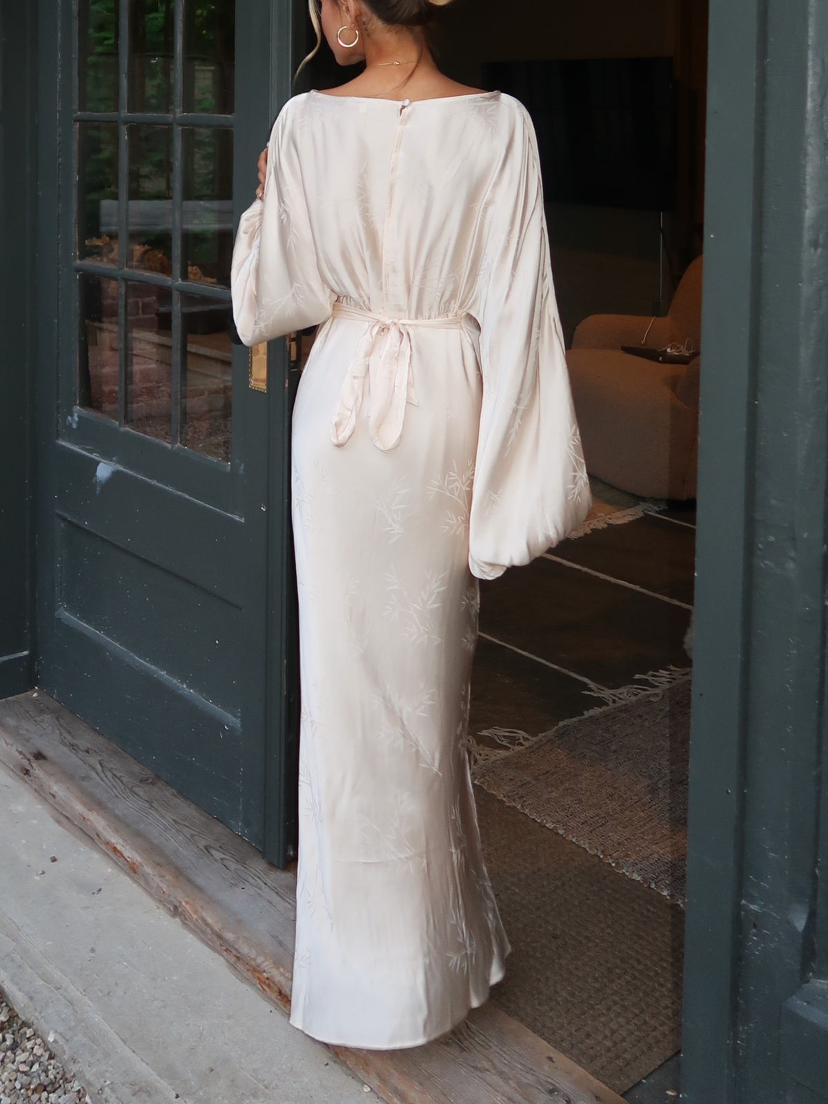 Champagne Satin Embroidered Long Sleeve Bias Maxi Dress