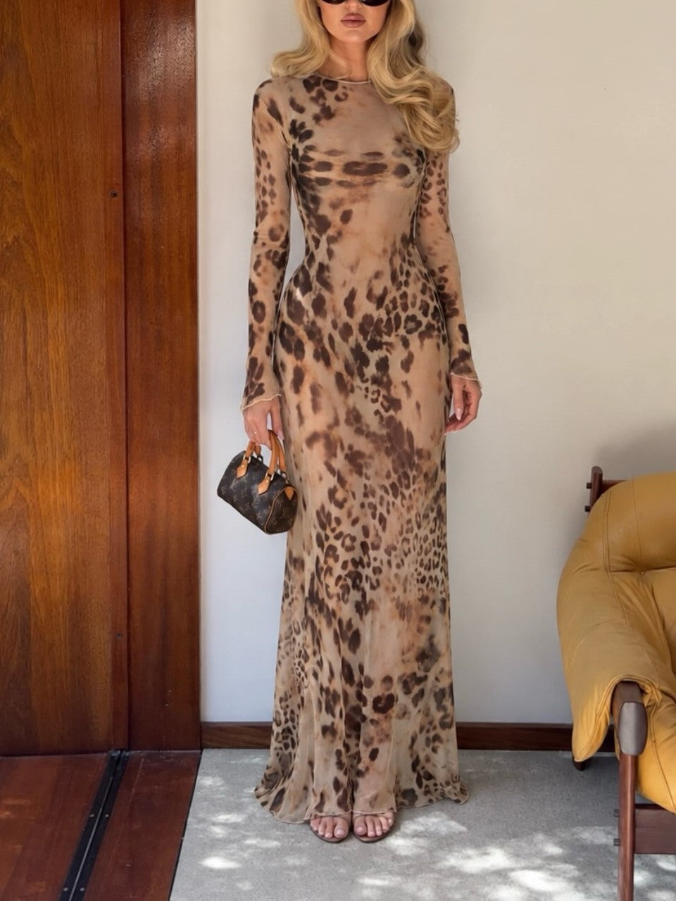 Brown Leopard Print Sheer Long Sleeve Maxi Dress