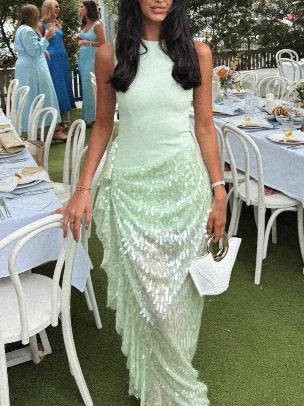 MintGreen Sequin Draped Maxi Skirt Set