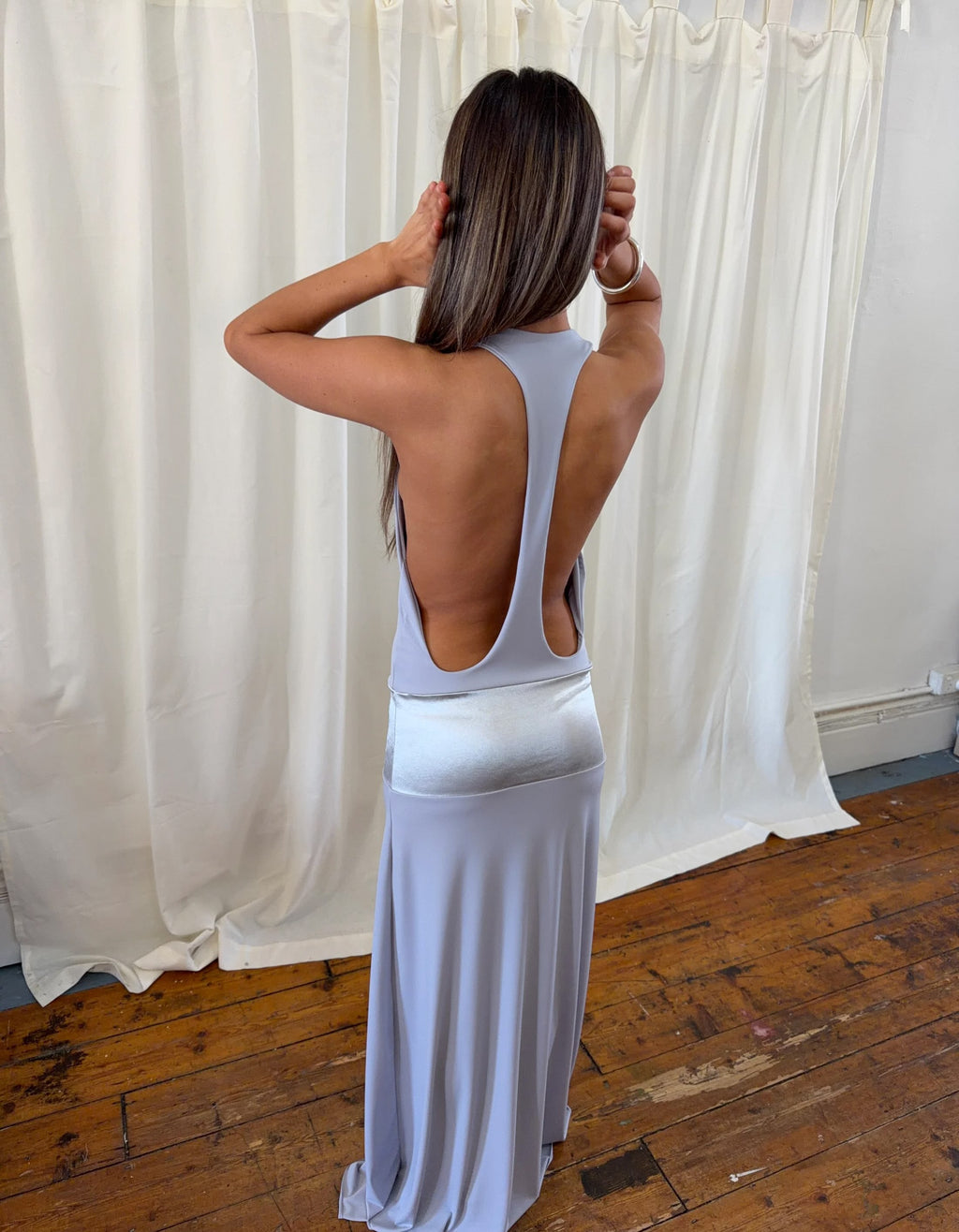 LightBlue Halter Maxi Dress with Sheer Waist Panel