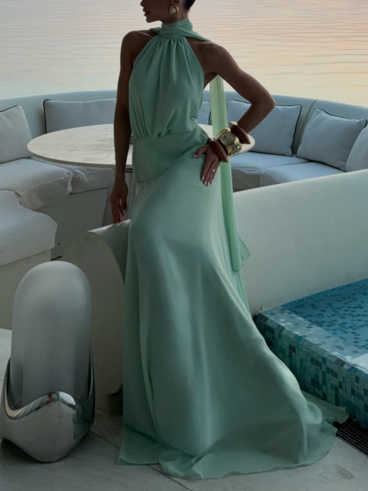 LightGreen Chiffon Halter Maxi Dress