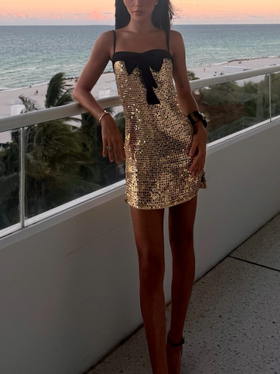 Gold Sequin Black Bow Mini Dress