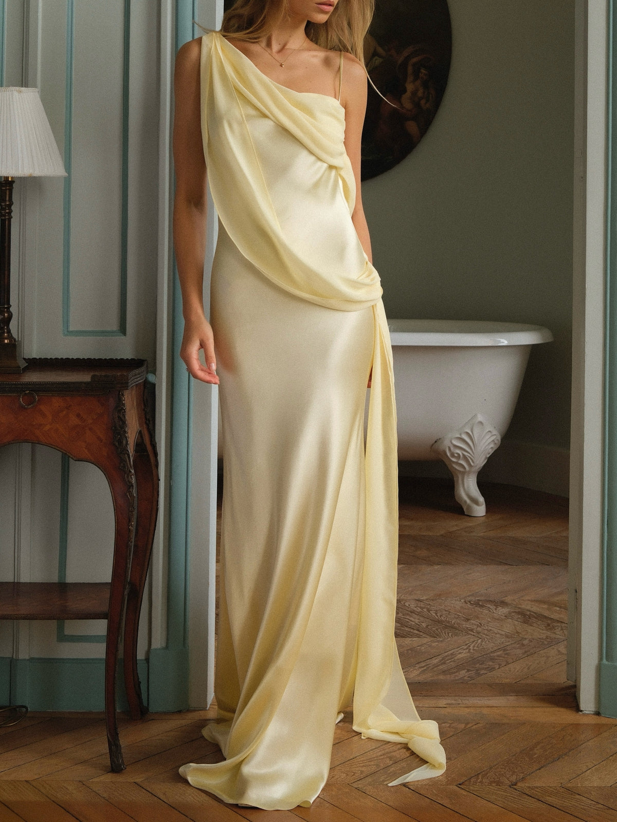 Champagne Satin One Shoulder Draped Maxi Dress