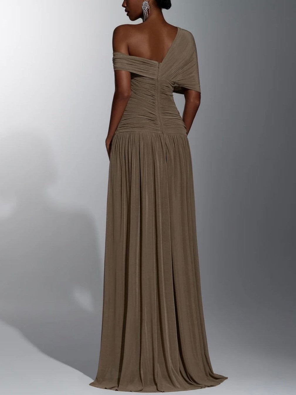 Taupe Off Shoulder Draped Pleated Maxi Dress