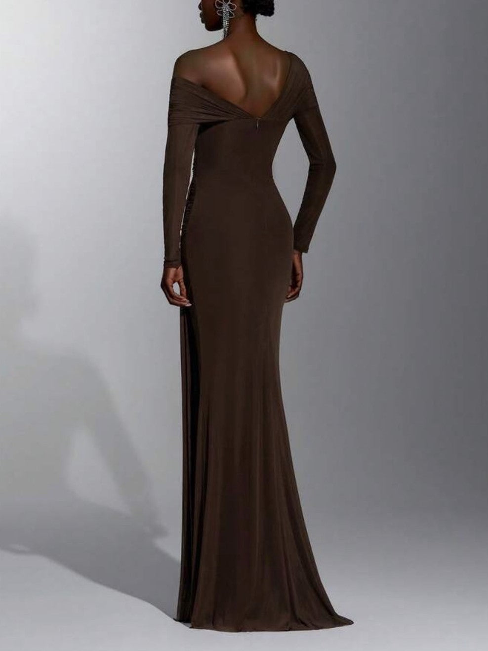 DarkBrown Long Sleeve Draped Maxi Dress