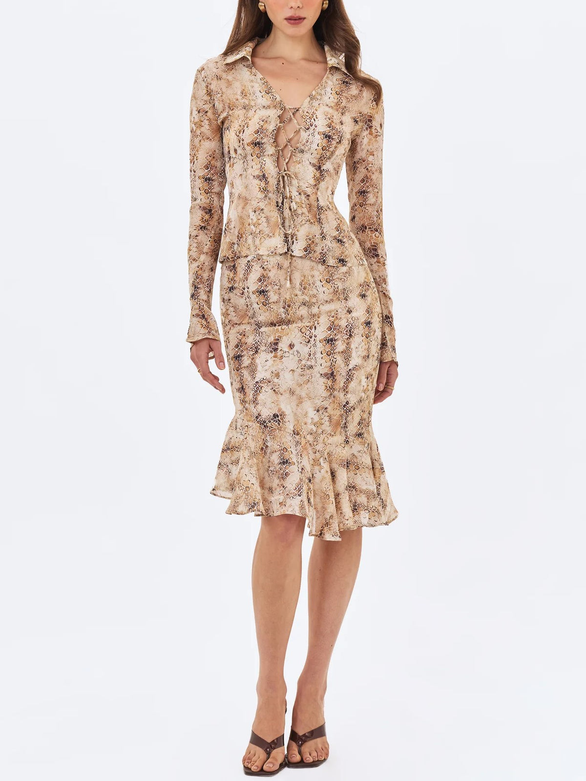 Beige Snake Print Tie Front Midi Dress