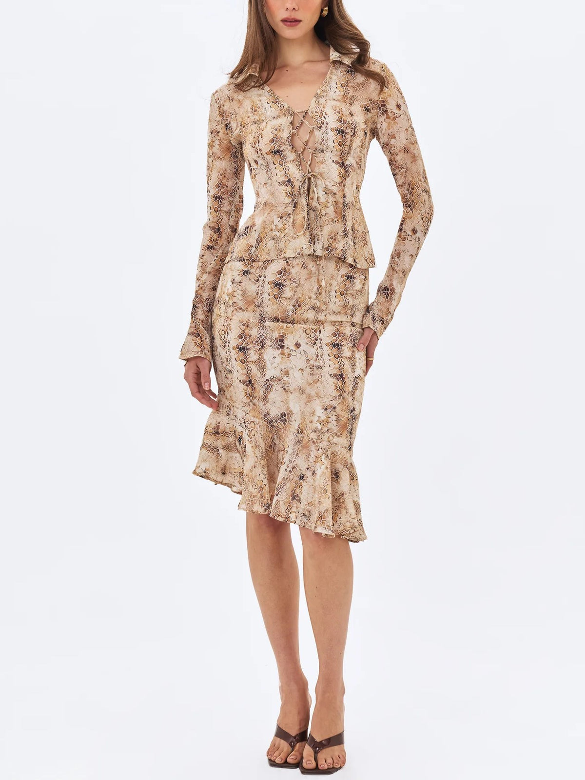 Beige Snake Print Tie Front Midi Dress