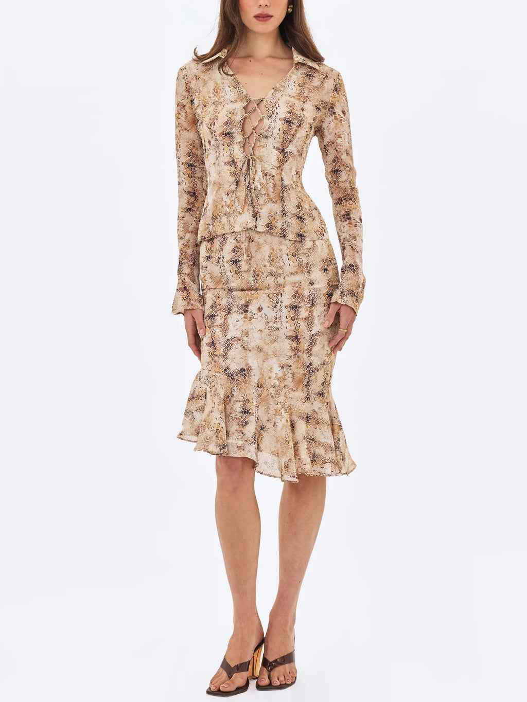 Beige Snake Print Tie Front Midi Dress