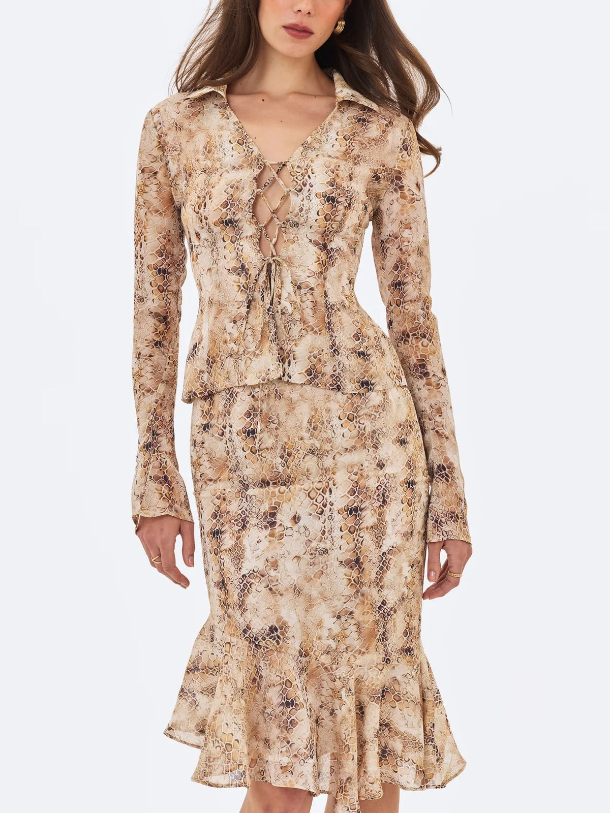 Beige Snake Print Tie Front Midi Dress
