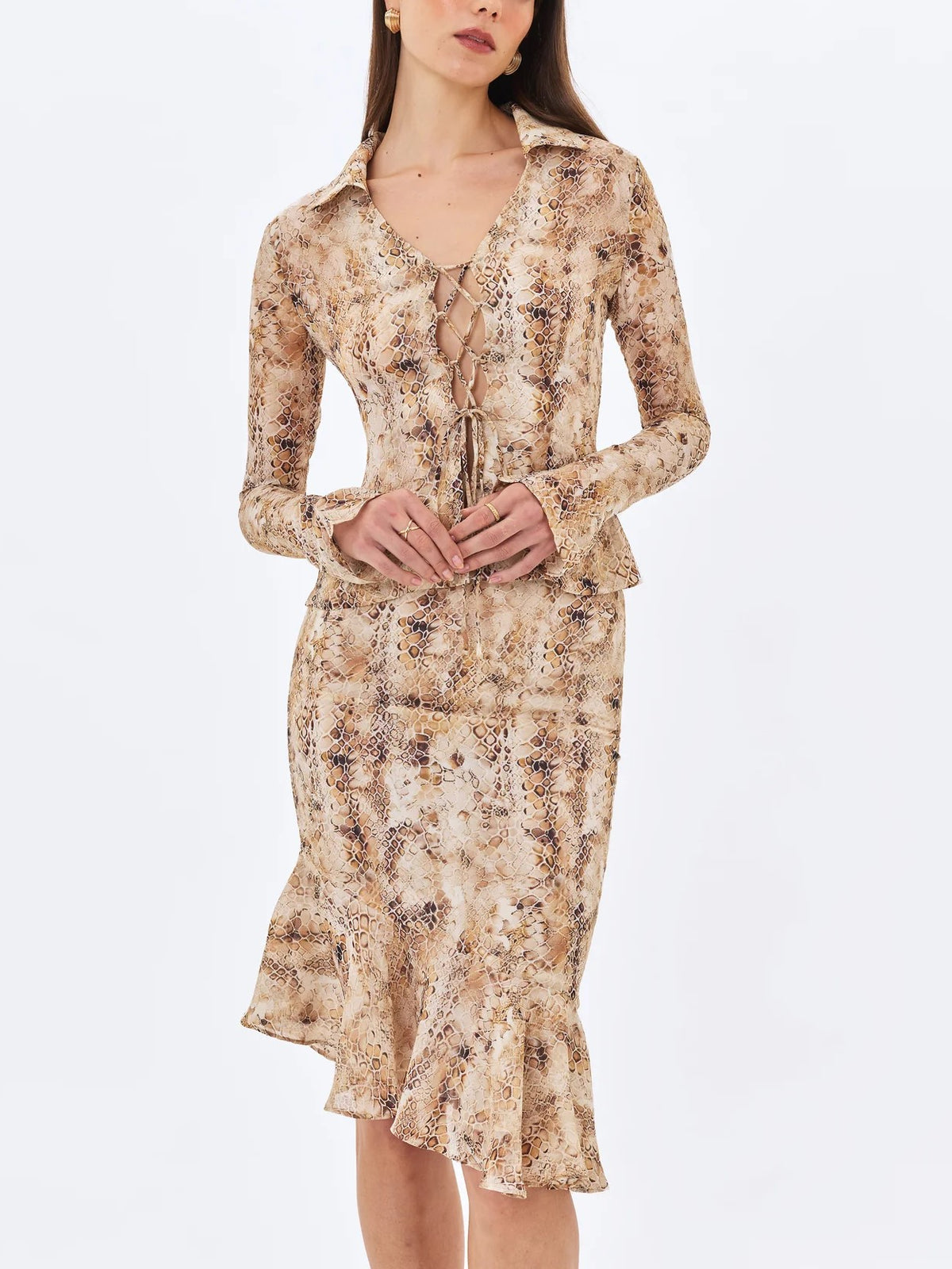 Beige Snake Print Tie Front Midi Dress