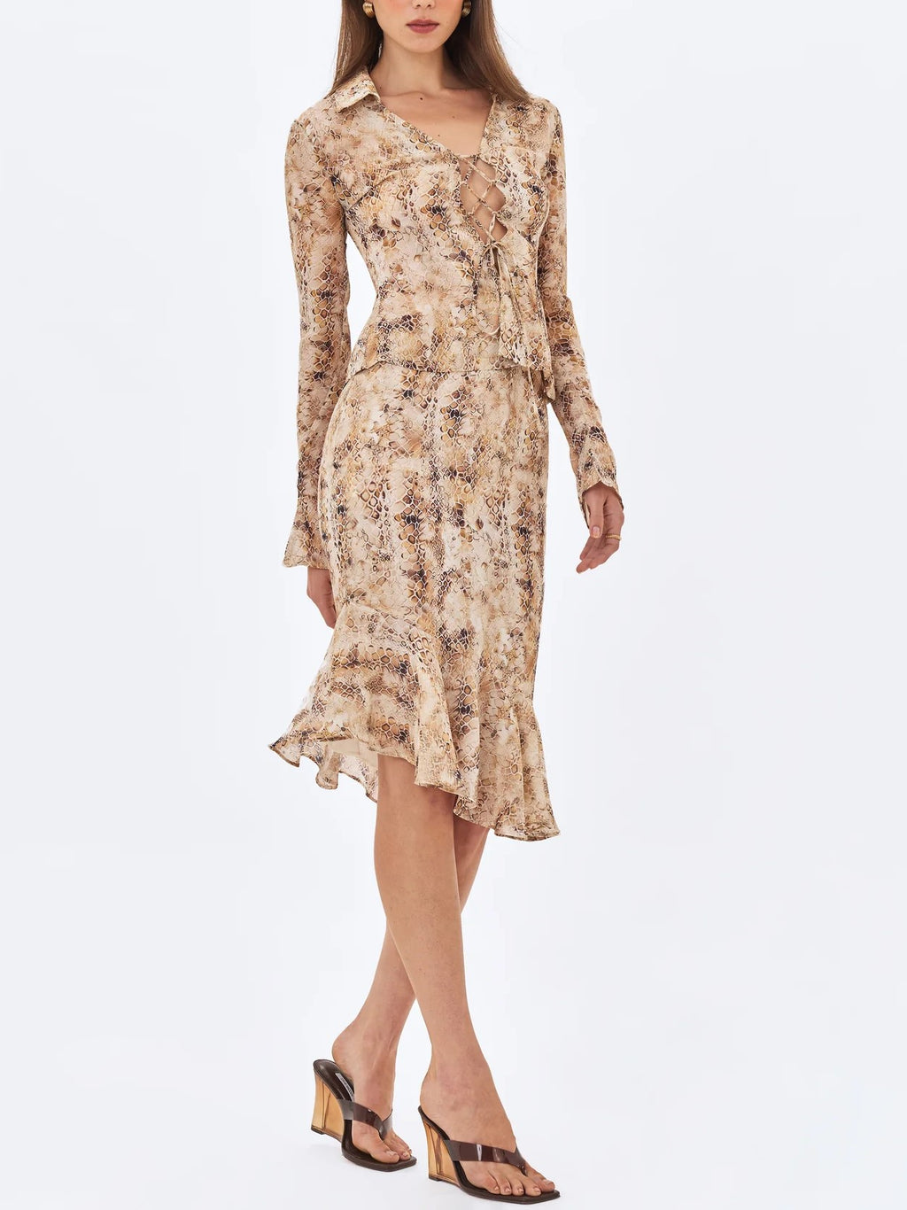 Beige Snake Print Tie Front Midi Dress