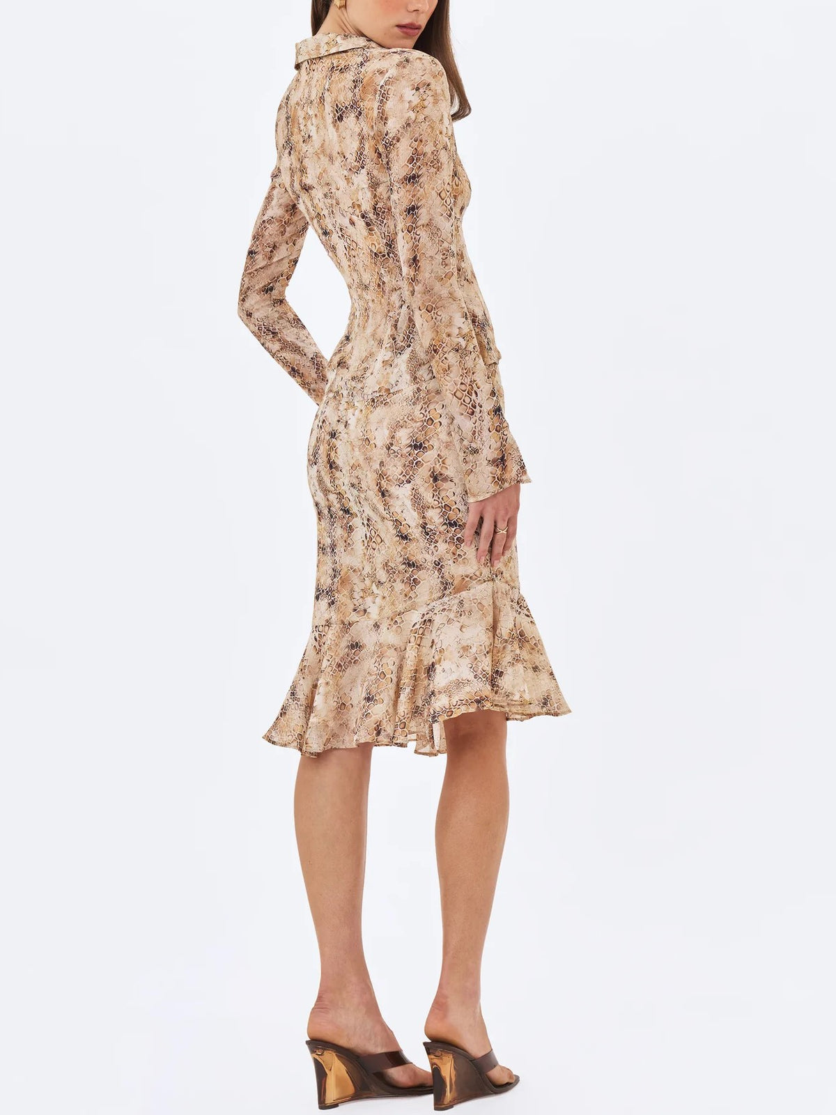 Beige Snake Print Tie Front Midi Dress