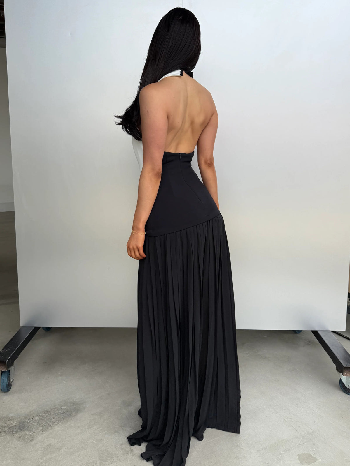 Black White Halter Draped Maxi Dress