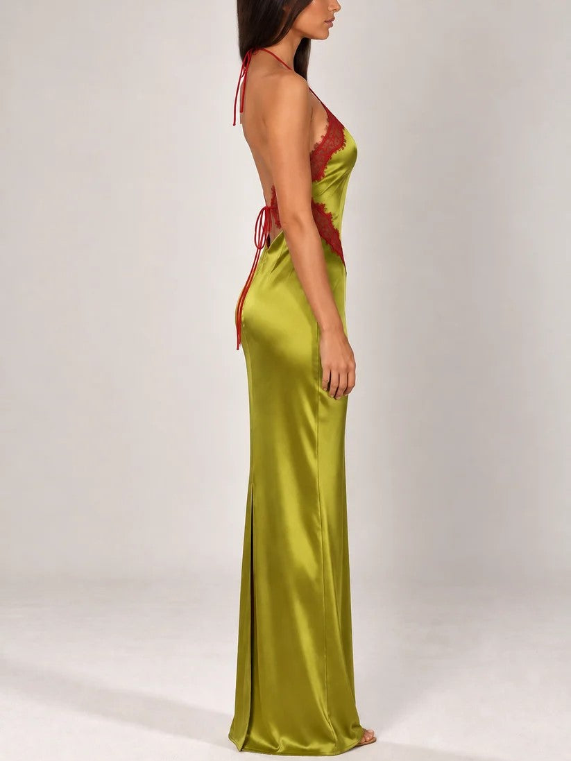 Brown Lace Applique Halter Maxi Dress