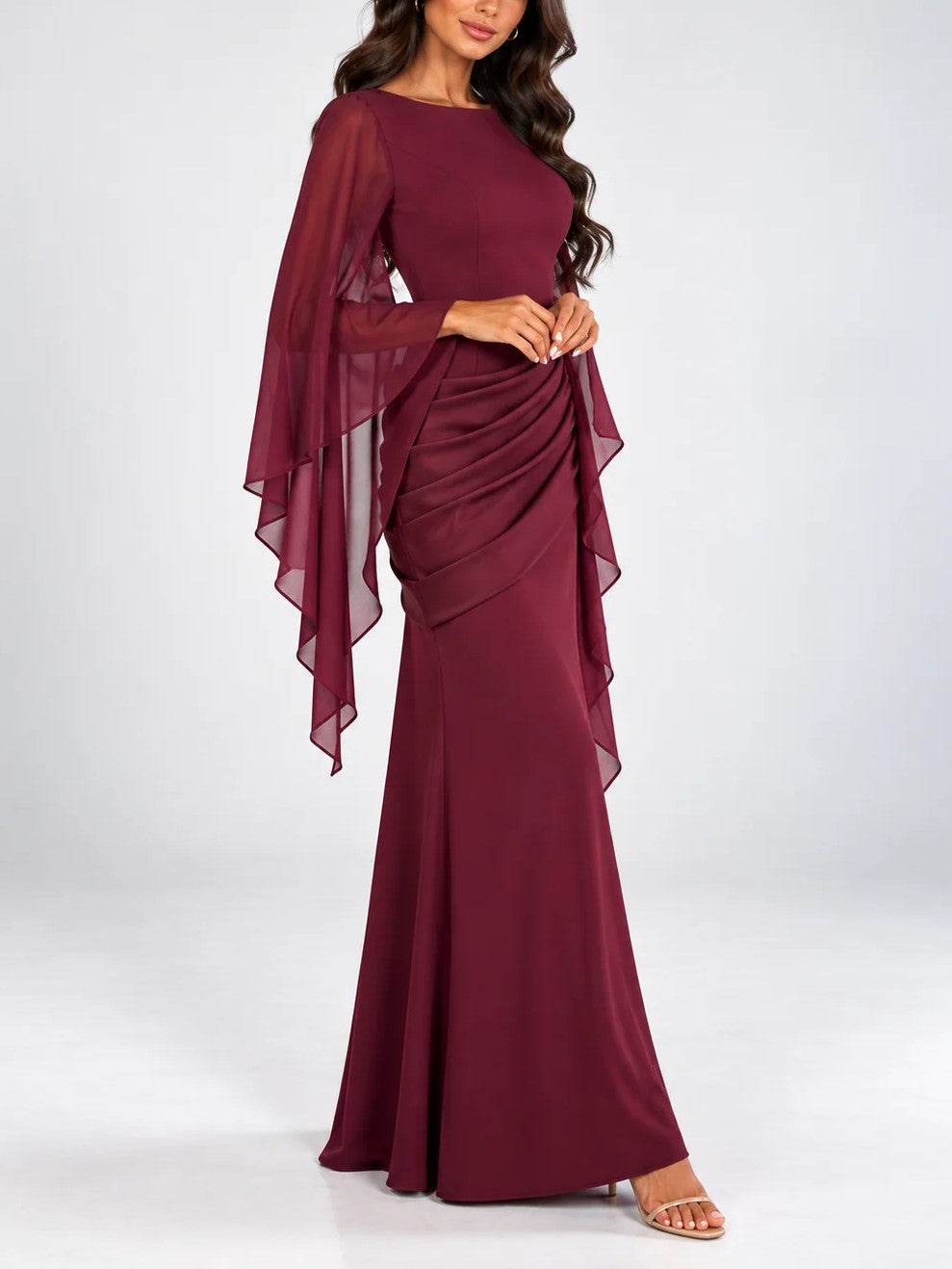 Burgundy Boat Neck Draped Cape Maxi Dress